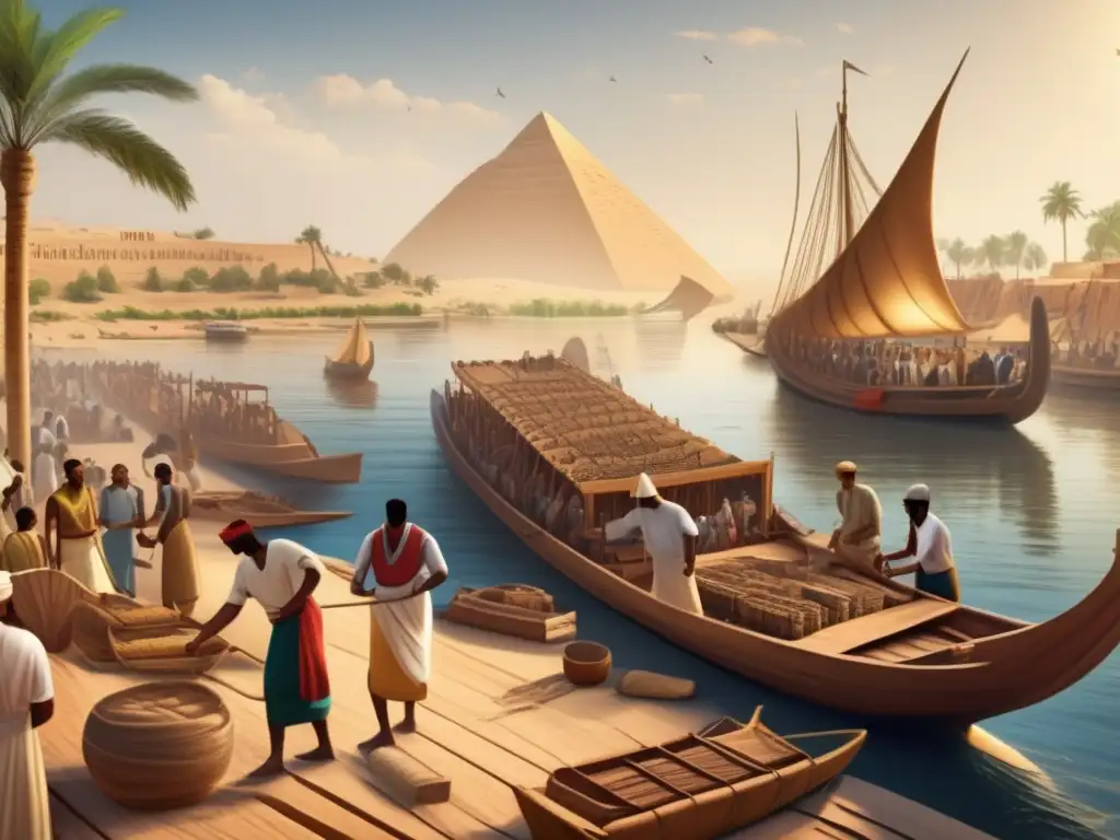 Tecnología Náutica Egipcia para Comercio: Ilustración detallada de escena bulliciosa en el antiguo Egipto a lo largo del río Nilo