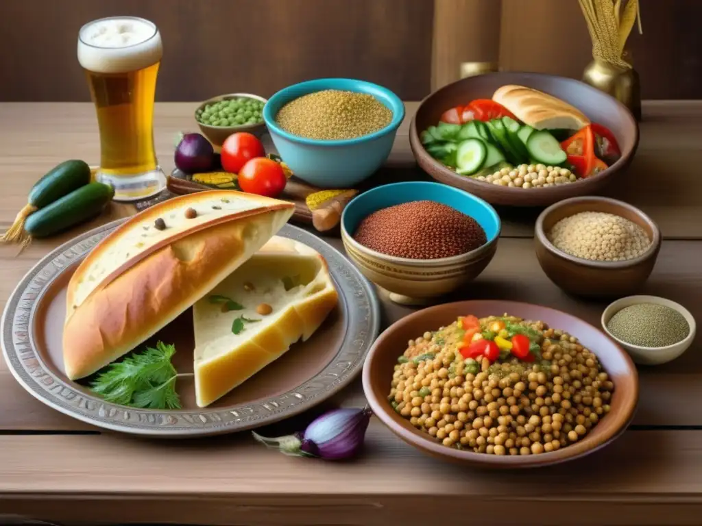 Una comida tradicional egipcia se extiende sobre una mesa de madera, llena de ingredientes coloridos y aromáticos