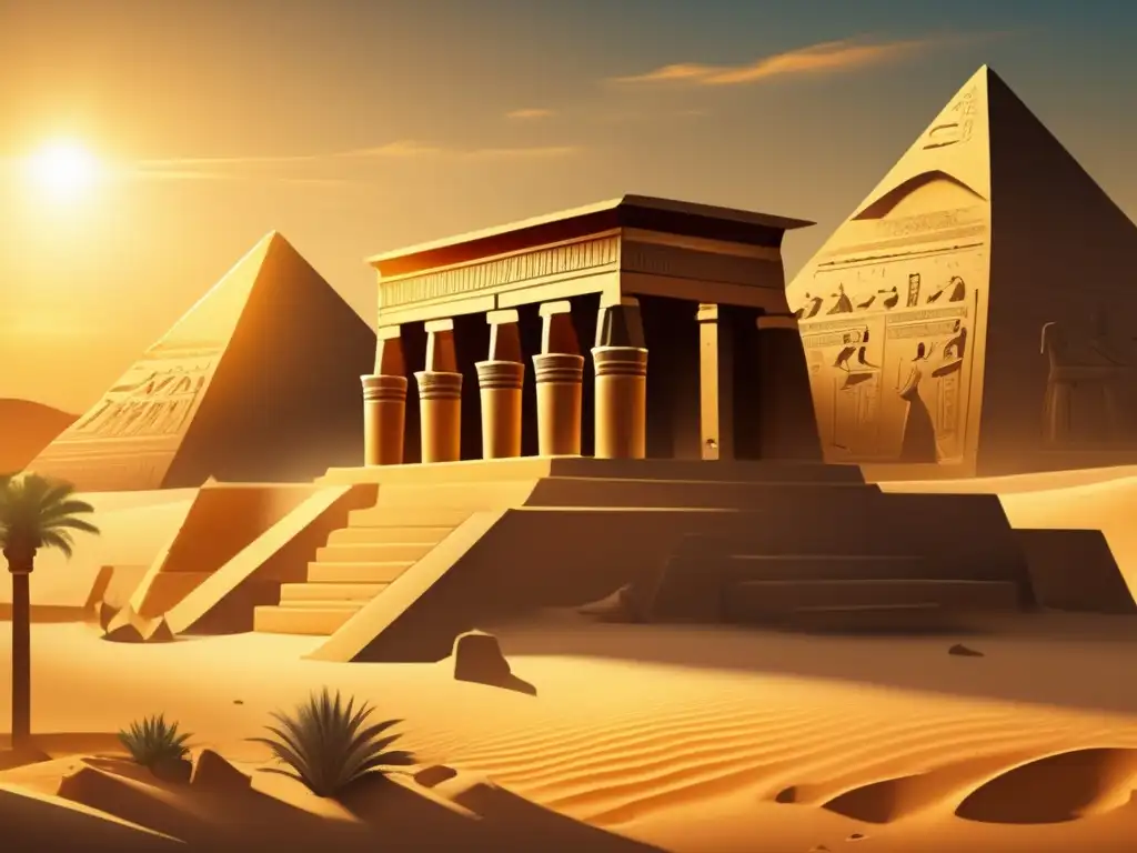 Un complejo de templos egipcios antiguos, detallado y en estilo vintage, se encuentra enclavado en el desierto