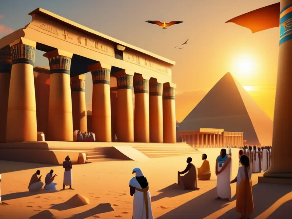 Un complejo de templos egipcios antiguos, con columnas imponentes decoradas con jeroglíficos intrincados