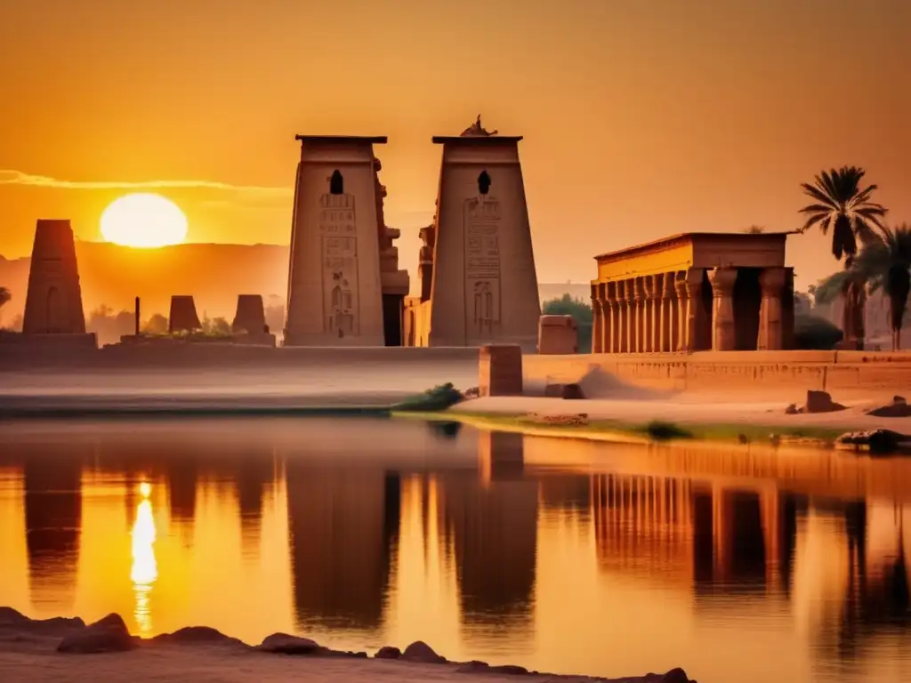 Complejo de Templos en Luxor: Majestuosas ruinas antiguas adornadas con jeroglíficos, reflejadas en el tranquilo río Nilo al atardecer