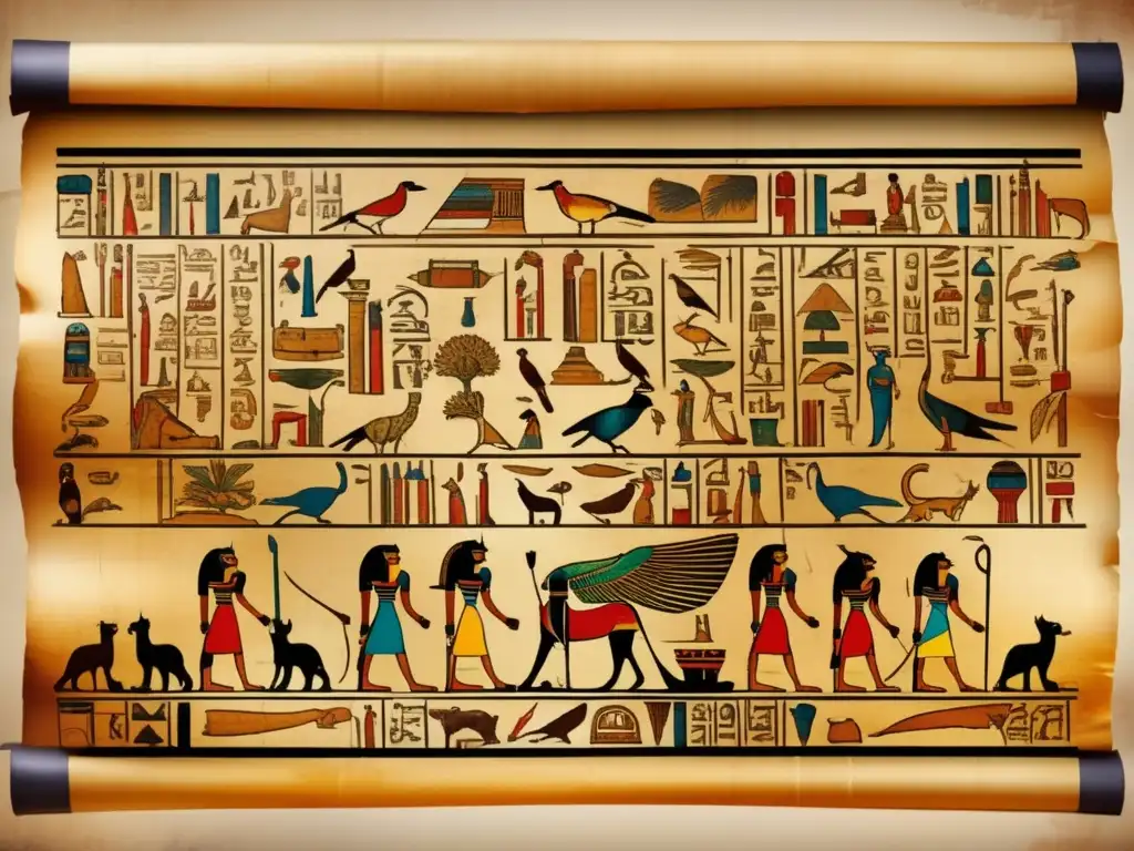 Una composición de tintas en un antiguo manuscrito egipcio, desplegándose sobre un pergamino envejecido