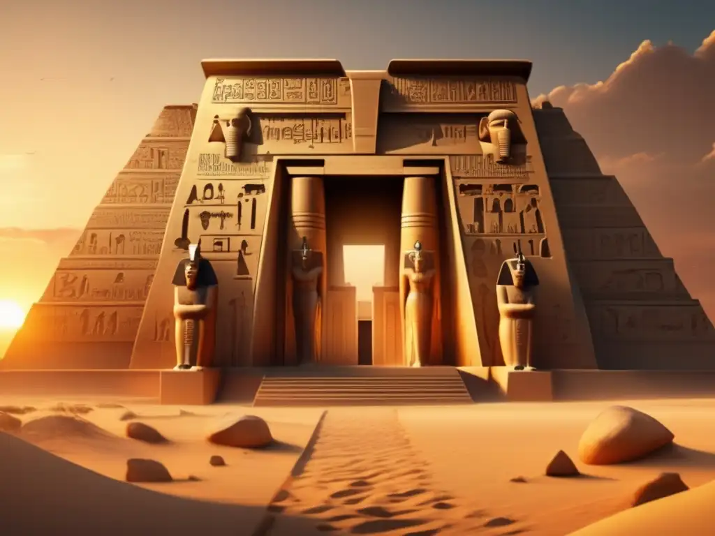 Una conexión divina simbolizada en jeroglíficos, en un antiguo templo egipcio al atardecer dorado