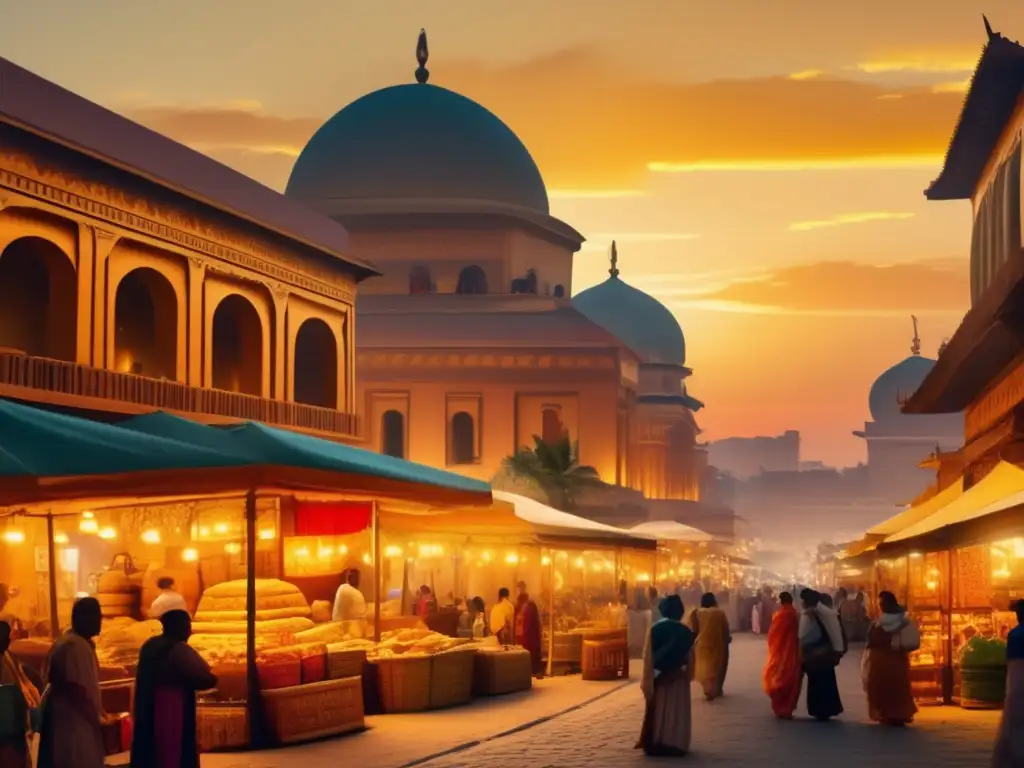 Conquistas y colonias del Imperio Medio: Una ciudad bulliciosa en atardecer, con arquitectura antigua iluminada por tonos dorados