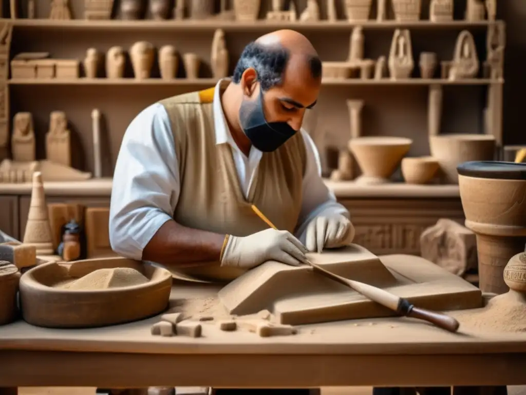 Conservacionista de antigüedades de Egipto restaurando con delicadeza un artefacto milenario: una escultura de un faraón egipcio tallada en piedra