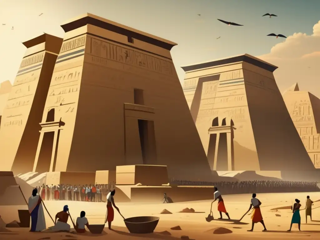 Construcción de los bastiones egipcios, una imagen vintage que muestra la grandiosidad y complejidad de la arquitectura antigua