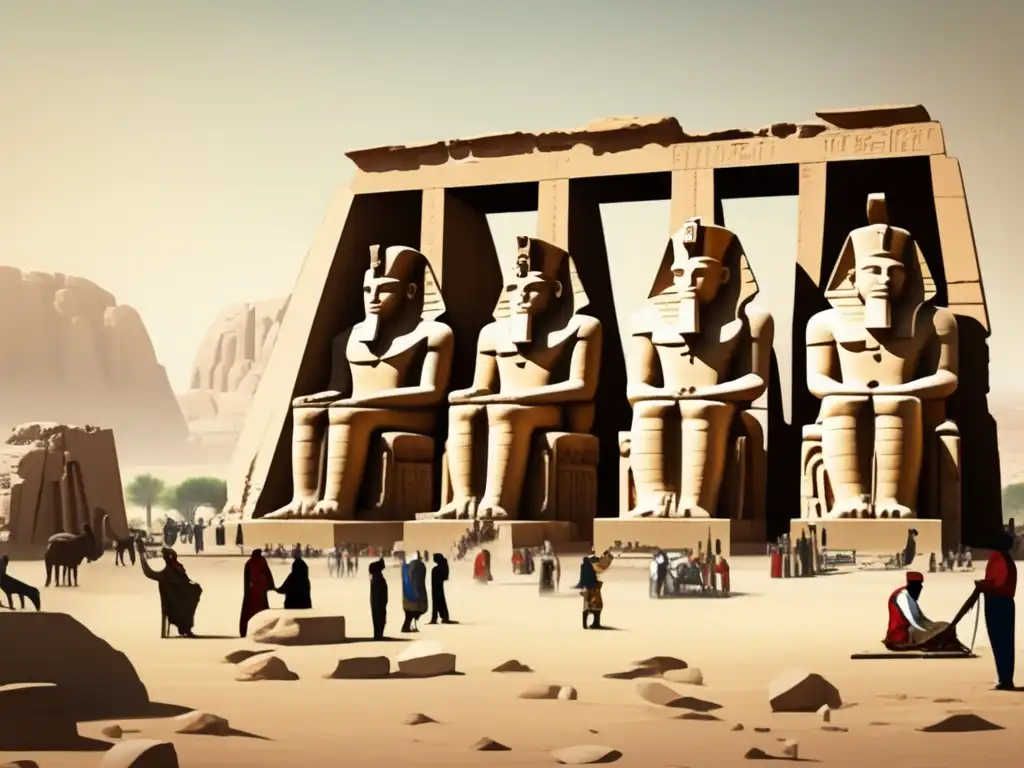 La construcción de los colosos de Memnón en el antiguo Egipto: obreros esculpiendo con precisión, grúas antiguas, y un ambiente histórico y auténtico