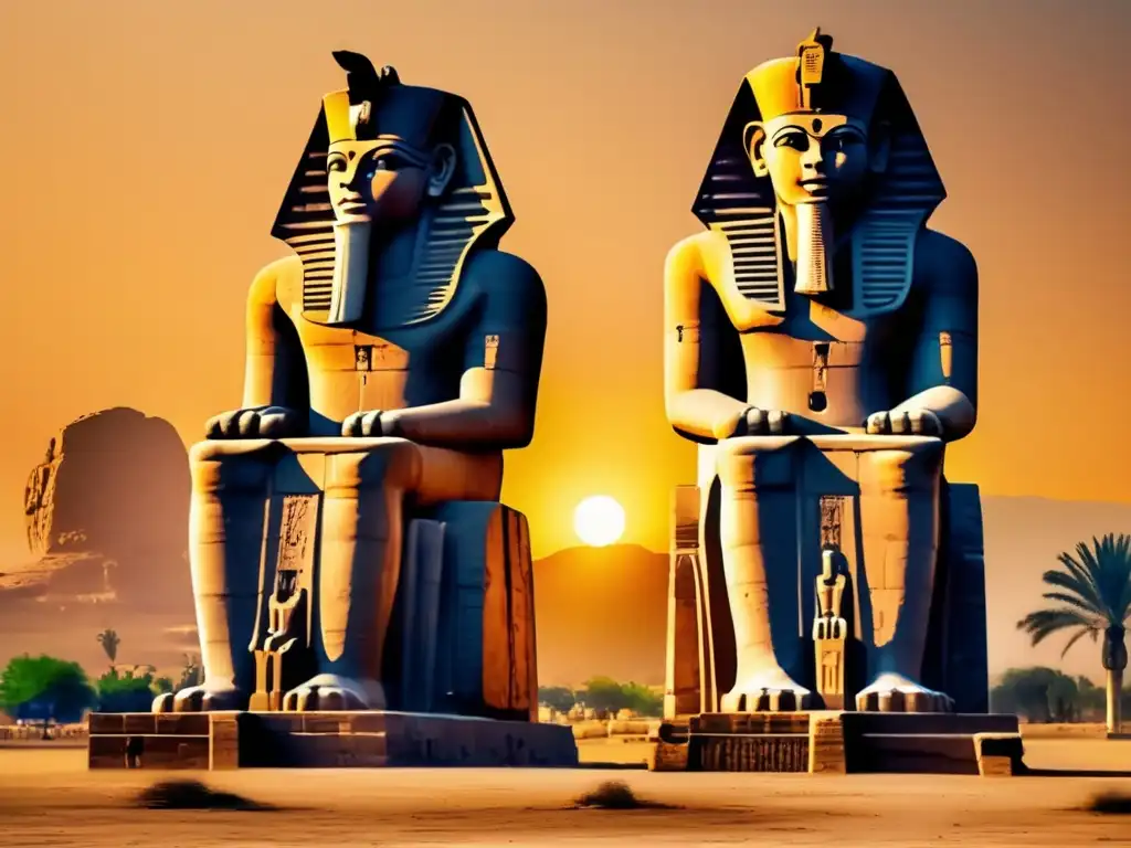 Construcción de colosos de Memnón: Dos majestuosas estatuas antiguas se alzan contra un radiante atardecer dorado
