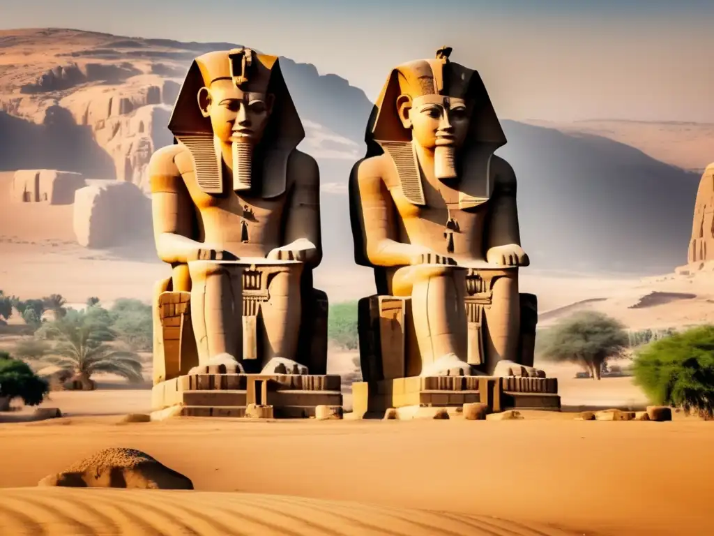 Construcción de estatuas egipcias majestuosas: Las colosales estatuas de Memnón, talladas en piedra arenisca, destacan en el paisaje desértico
