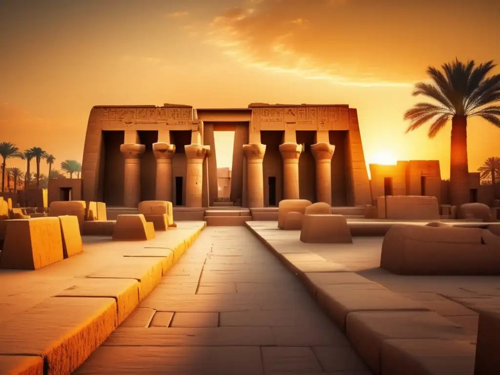 El corazón espiritual del antiguo Egipto se revela al atardecer en el majestuoso Templo de Karnak, bañado en cálida luz dorada