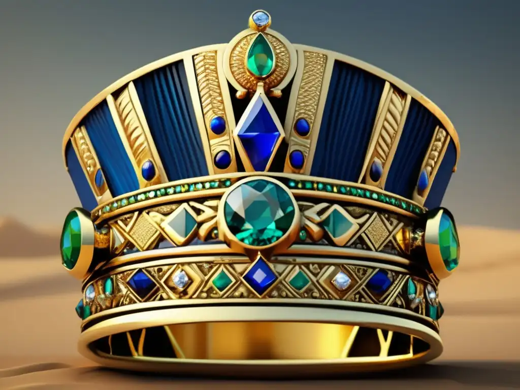 Una corona egipcia de arte meticulosamente detallado, con patrones intrincados y gemas preciosas