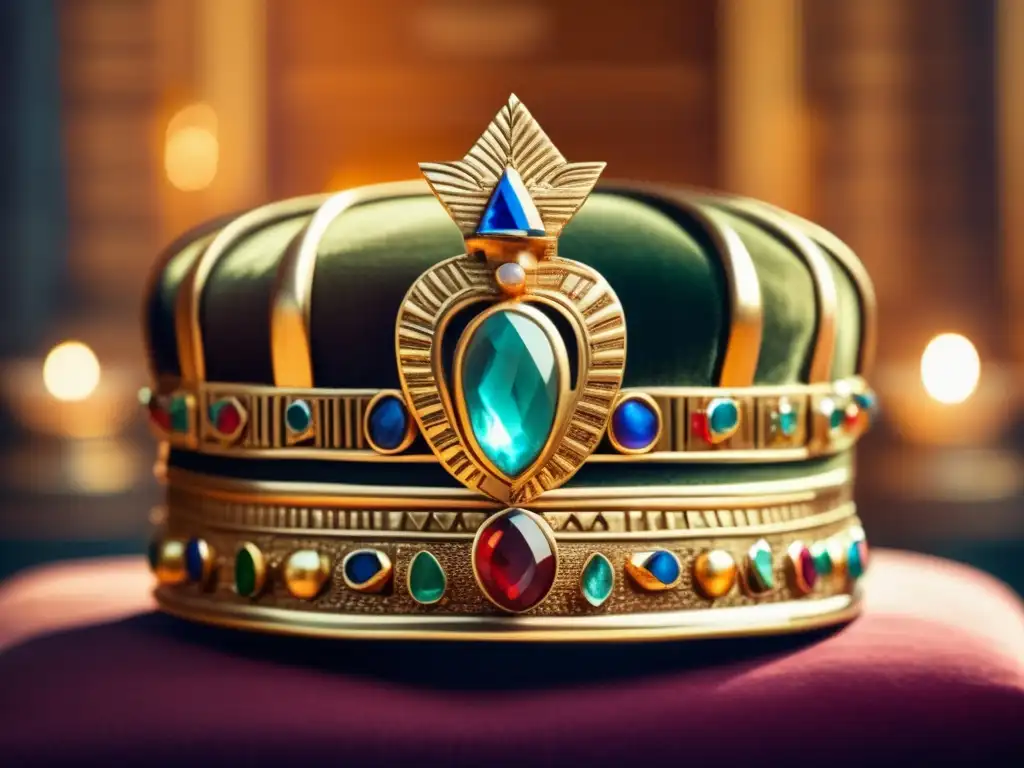 Una corona egipcia dorada de la II Dinastía, adornada con gemas preciosas y delicadas engravings