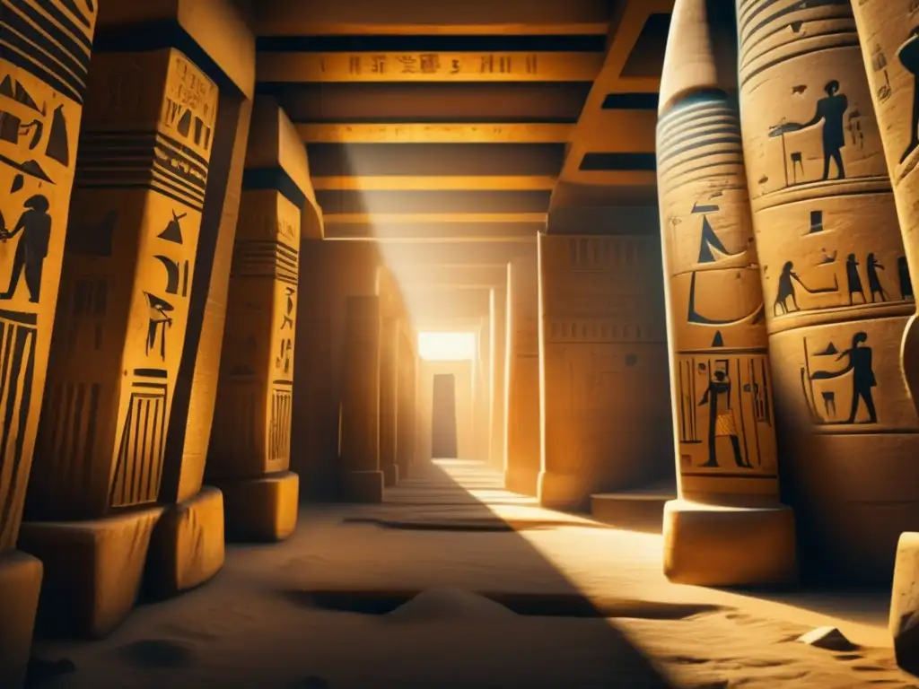 Corredor oscuro de un templo en ruinas con jeroglíficos egipcios, que revelan los misterios no resueltos de las guerras faraónicas