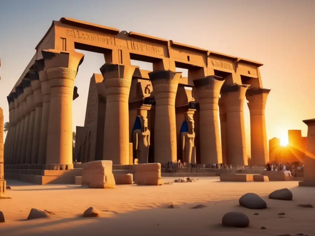 Ingeniería y cosmología en Luxor: Un atardecer cautivador ilumina el Templo de Luxor, resaltando sus detalles arquitectónicos y estatuas de faraones