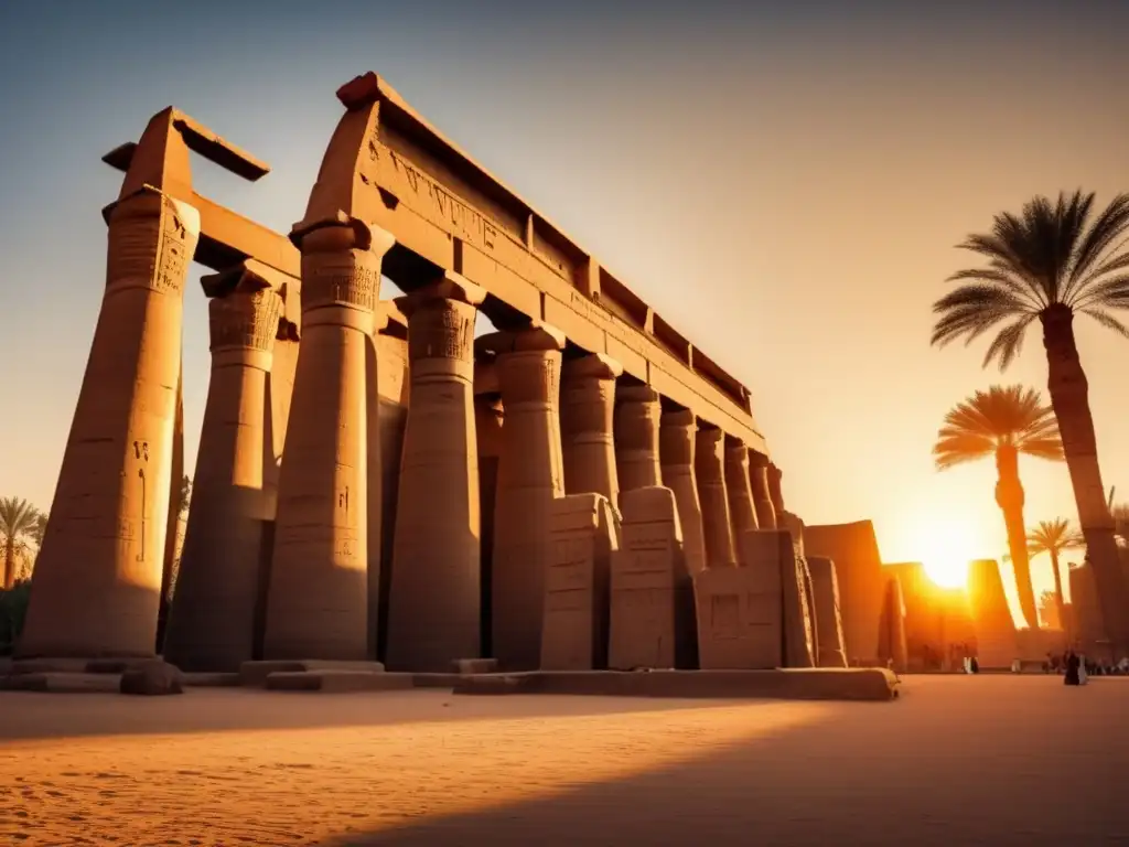 Ingeniería y cosmología en Luxor: El atardecer ilumina el majestuoso Templo de Luxor, resaltando su arquitectura y tallados