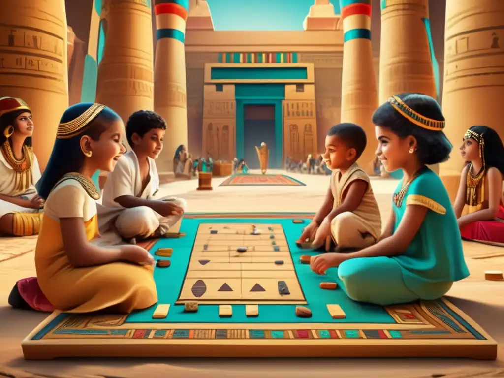 Crianza y juegos en la infancia egipcia: Niños juegan en un animado mercado antiguo de Egipto, inmersos en el emocionante juego de 'Senet