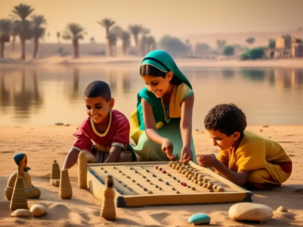 Crianza y juegos en la infancia egipcia: Niños egipcios juegan tradicionales juegos a orillas del Nilo, rodeados de colores y cultura ancestral
