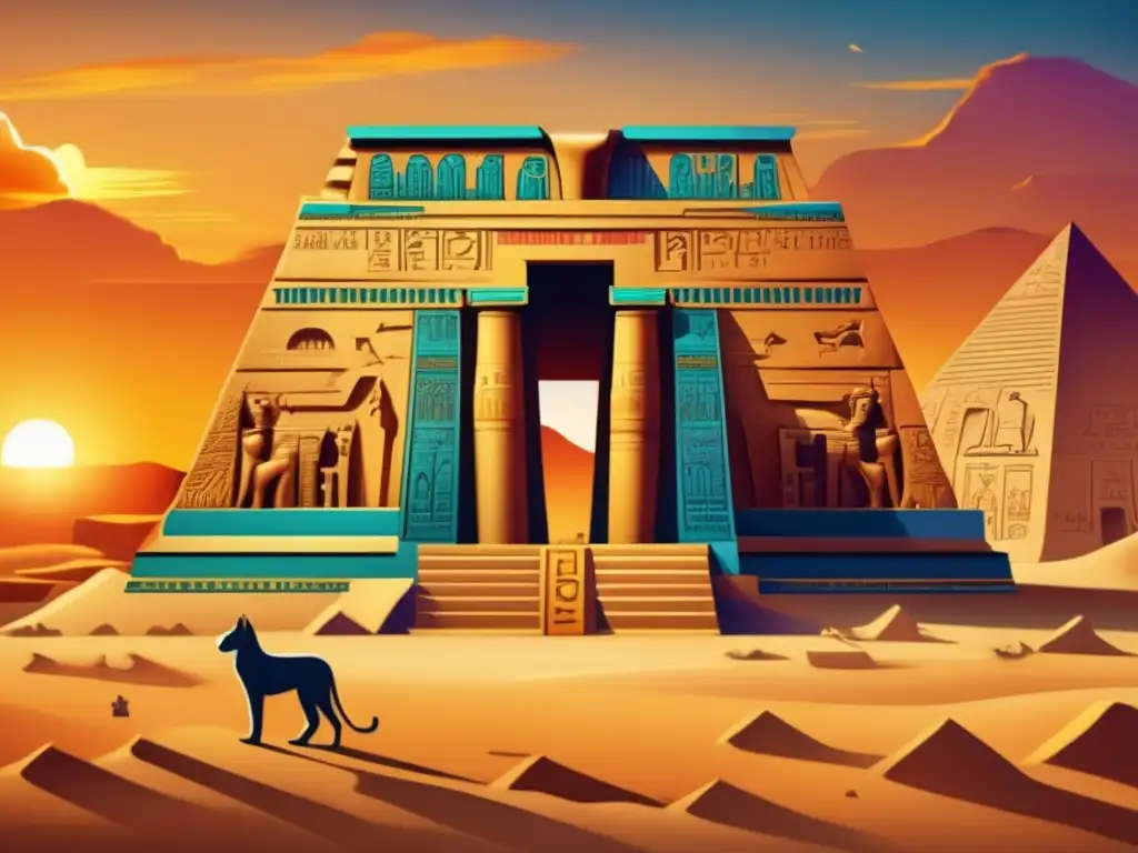 Evolución del culto a Bastet: Majestuoso templo egipcio adornado con jeroglíficos y colores vibrantes