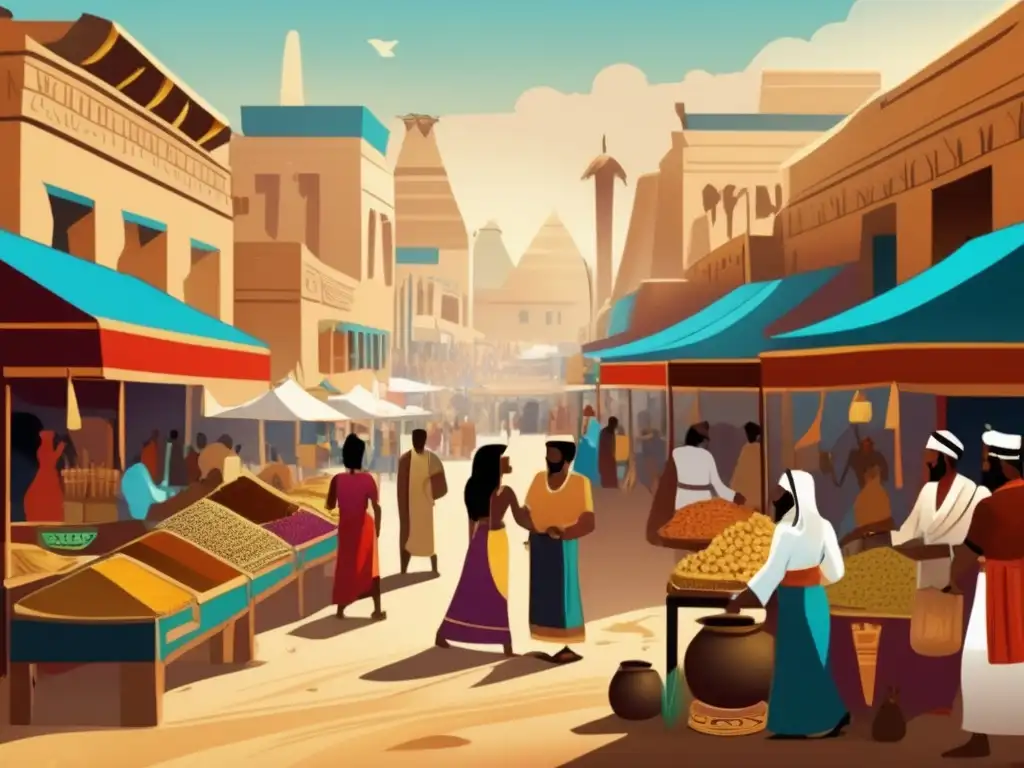 Difusión del Culto Egipcio Mediterráneo: Un bullicioso mercado en el antiguo Egipto, con colores vibrantes y detalles intrincados