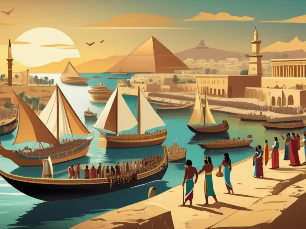 Difusión del Culto Egipcio Mediterráneo: Un bullicioso puerto antiguo con barcos de diversas civilizaciones mediterráneas, mercaderes desembarcando objetos egipcios, reflejando el intercambio cultural vibrante