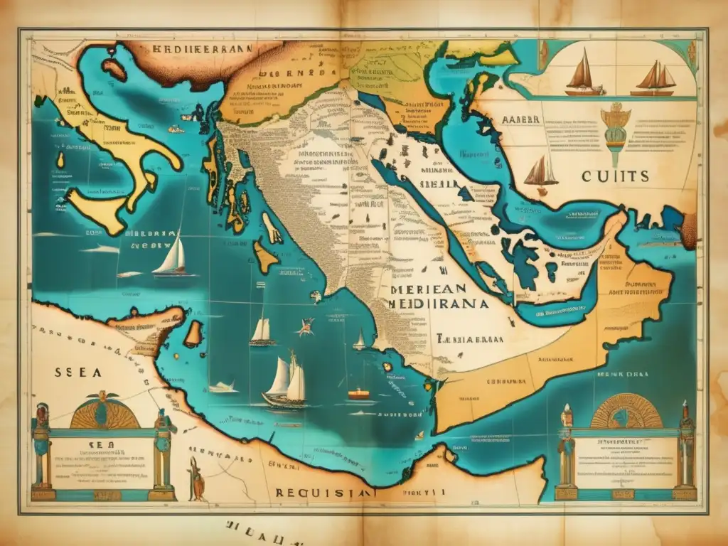 Difusión del Culto Egipcio Mediterráneo: Mapa vintage detallado del Mar Mediterráneo con ilustraciones de dioses y diosas egipcios estratégicamente ubicados