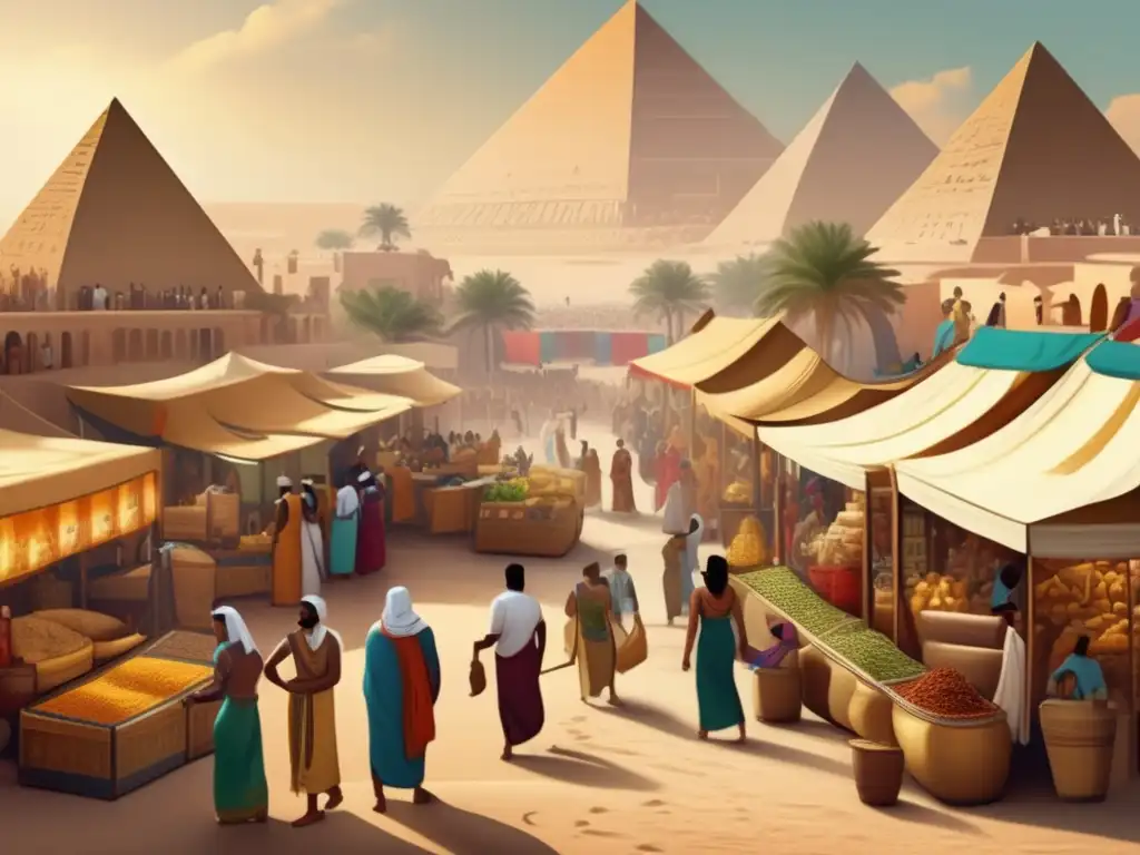 Fusión de culturas en el Egipto ptolemaico: Un mercado bullicioso, un majestuoso templo en la puesta de sol y el río Nilo como fondo