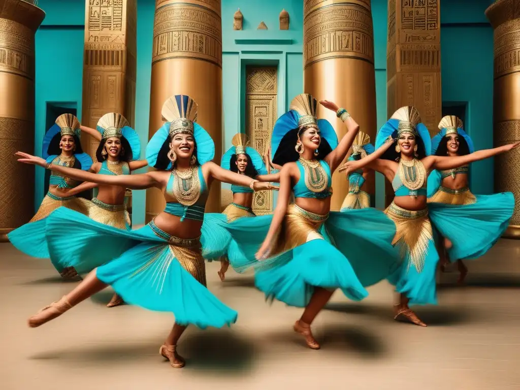 Representación artística danza Antiguo Egipto: Grupo de bailarines egipcios en trajes elaborados realizando movimientos graciosos en un antiguo templo