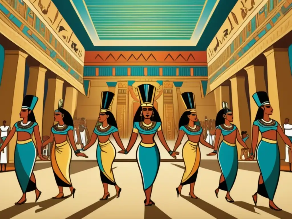 Representación artística de danza del antiguo Egipto: Bailarines egipcios antiguos realizan una cautivadora rutina en un majestuoso templo, transmitiendo elegancia y contando historias a través de sus movimientos sincronizados