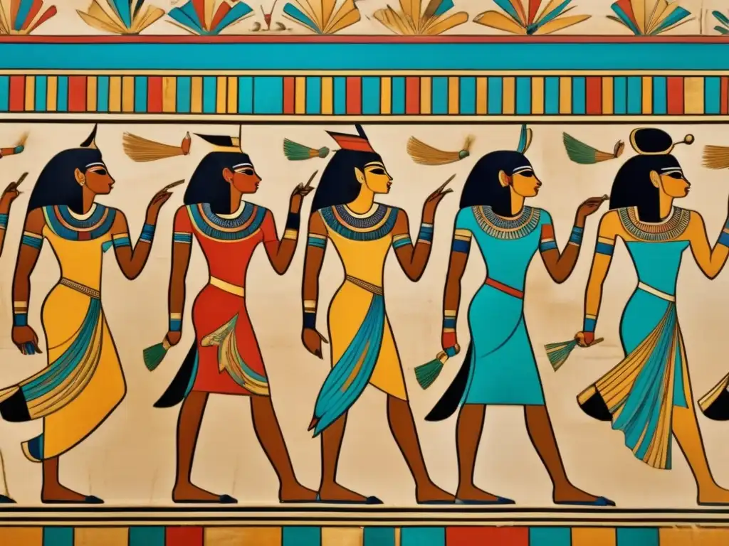 Representación artística danza Antiguo Egipto: Murales vibrantes, danzantes gráciles en poses fluidas, energía y expresión cultural