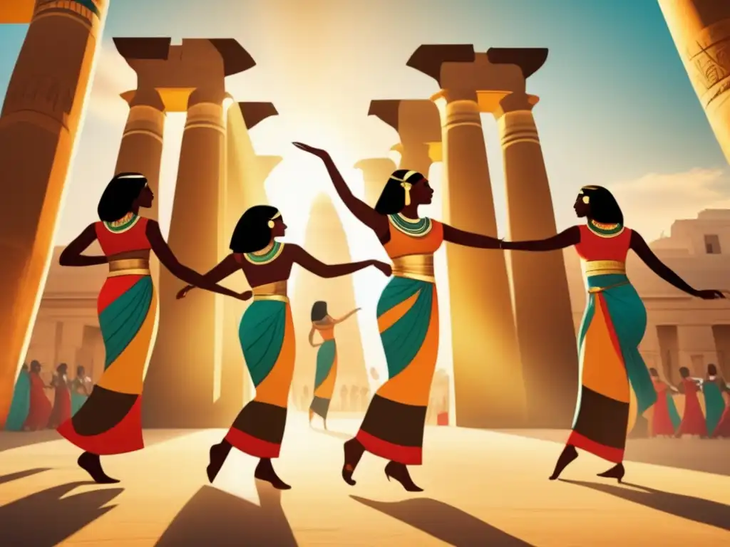 Danza sagrada en la civilización egipcia: Antiguas bailarinas ejecutan con gracia un ritual frente al templo, con trajes vibrantes y movimientos elegantes, mientras la luz del sol ilumina el escenario misterioso y espiritual