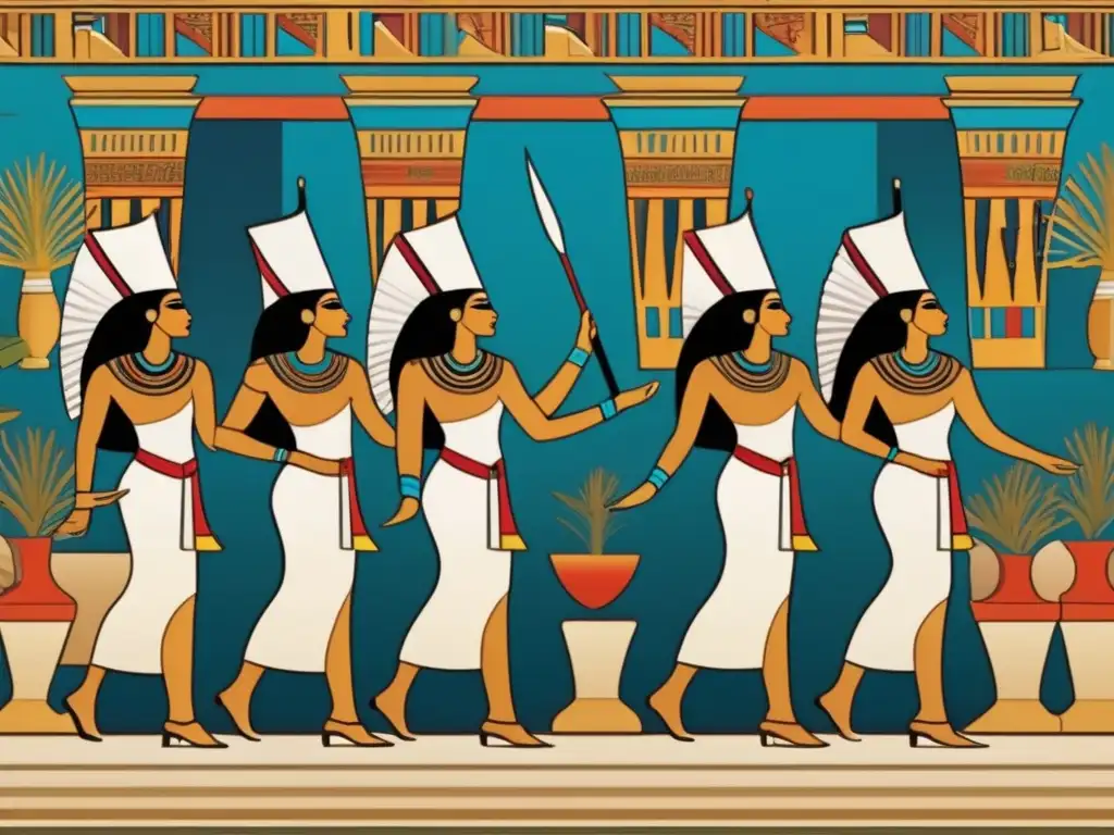 Danza sagrada en la civilización egipcia: Antiguos bailarines egipcios ejecutan con gracia movimientos sincronizados en un templo adornado con jeroglíficos y murales coloridos, bañados por la cálida luz dorada del sol