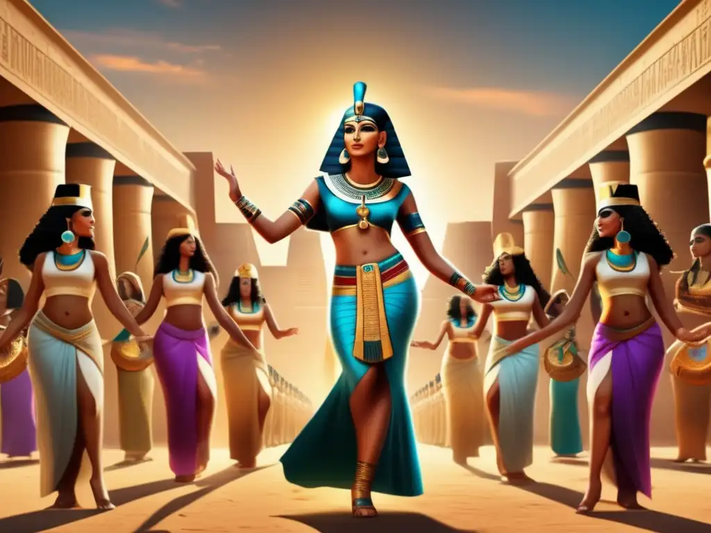 Danza sagrada en la civilización egipcia: Una escena hipnótica de antiguos rituales, con una sacerdotisa y danzantes en un majestuoso templo, capturada en detalle y nostalgia