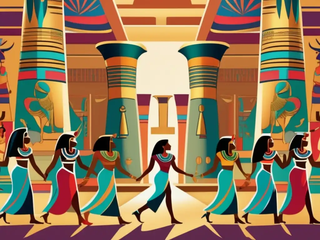 Danza sagrada en la civilización egipcia: Un fascinante templo antiguo lleno de colores vibrantes y jeroglíficos intrincados