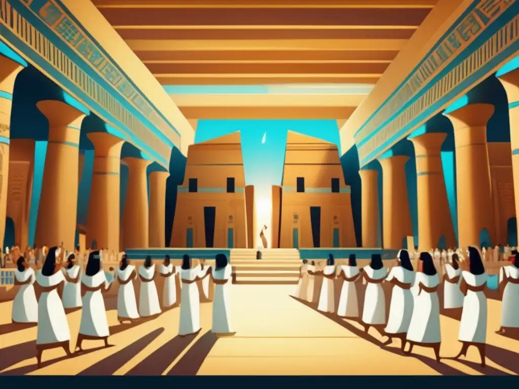 Danza sagrada en la civilización egipcia: Un ilustración vintage muestra una sala de templo antiguo en Egipto, llena de color y detalles intrincados