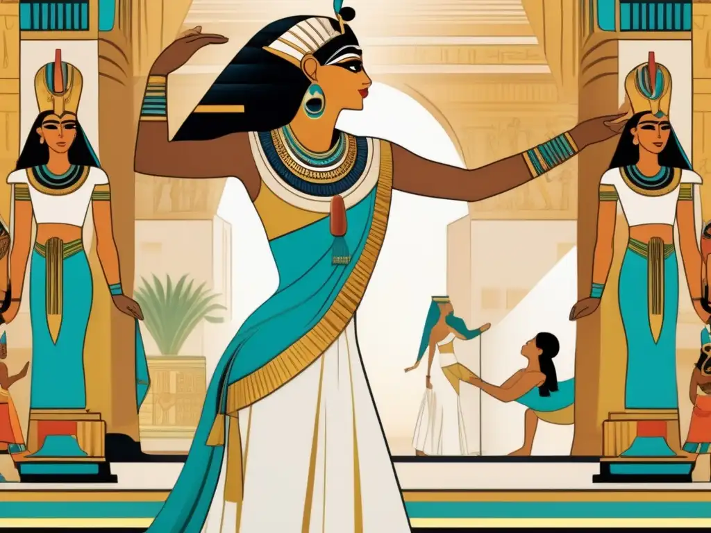 Una danzarina egipcia en traje tradicional, rodeada de símbolos y jeroglíficos