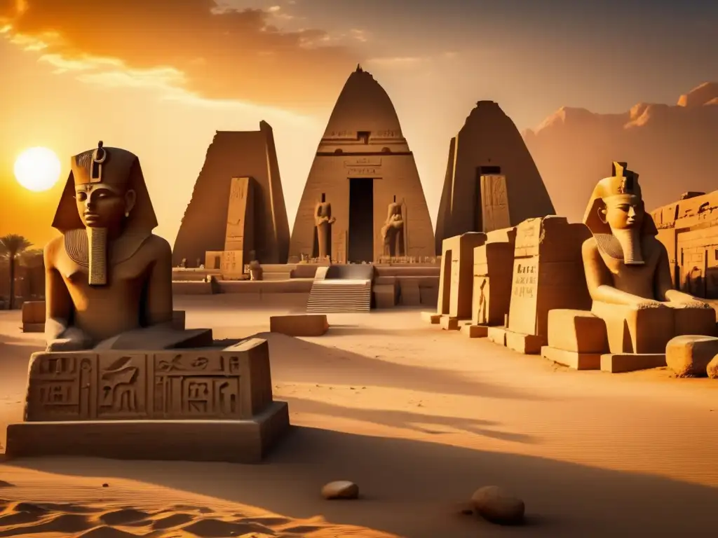 Descubrimiento de nuevas estatuas en el majestuoso Templo de Karnak al atardecer, con la luz dorada del sol resaltando las ruinas antiguas