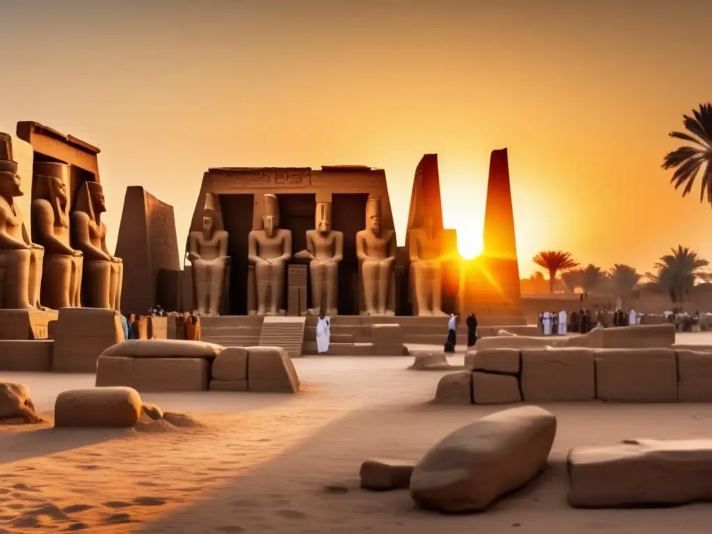 Descubrimiento de nuevas estatuas en el Templo de Karnak al atardecer, con el sol dorado iluminando las antiguas estructuras de piedra