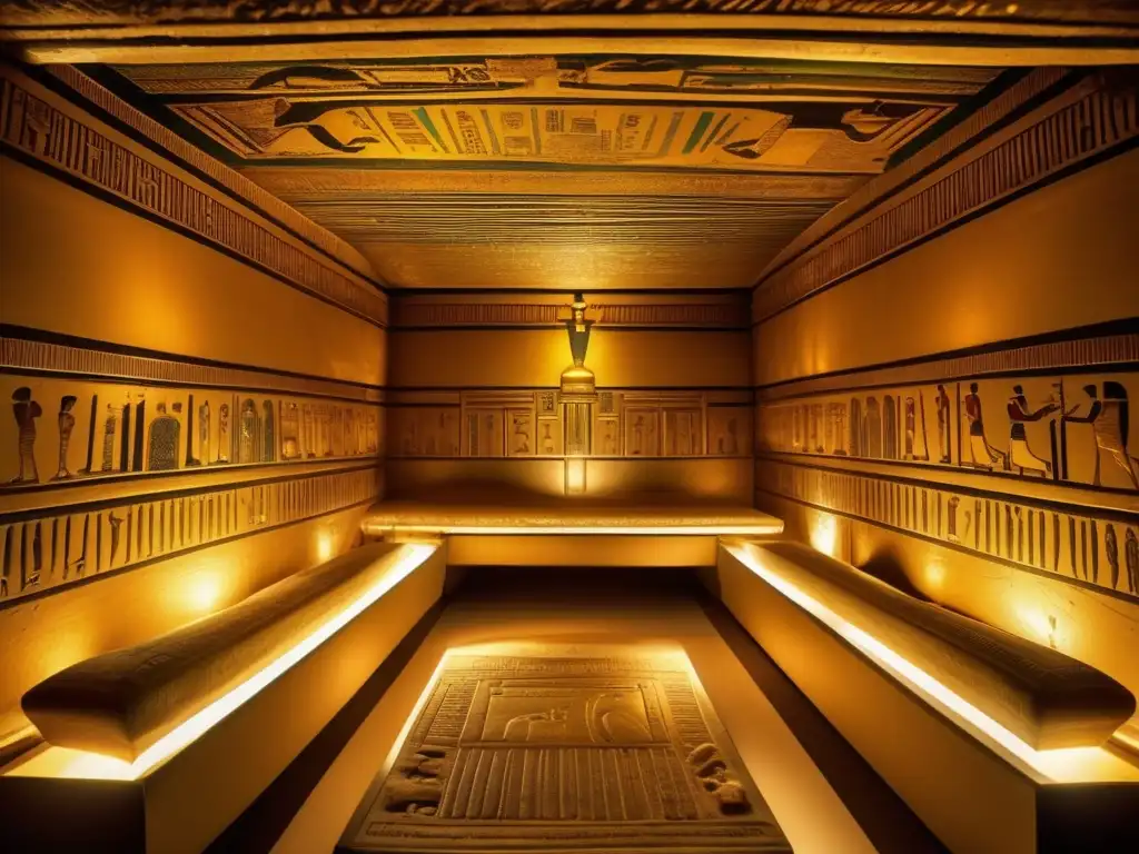 Descubrimiento del tesoro de Tutankamón en una cámara llena de misterios y maravillas antiguas, con sarcófago dorado como protagonista