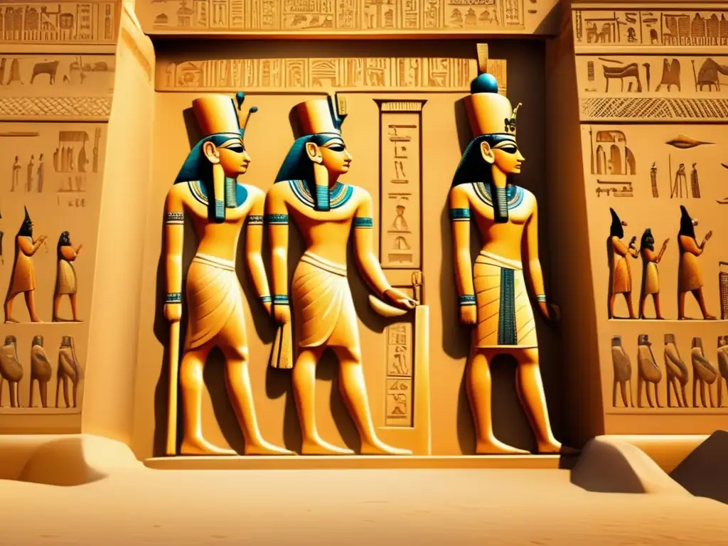 Descubrimiento de la tumba del faraón Amenhotep III: majestuosa arquitectura, rayos dorados y escenas mitológicas egipcias talladas en piedra