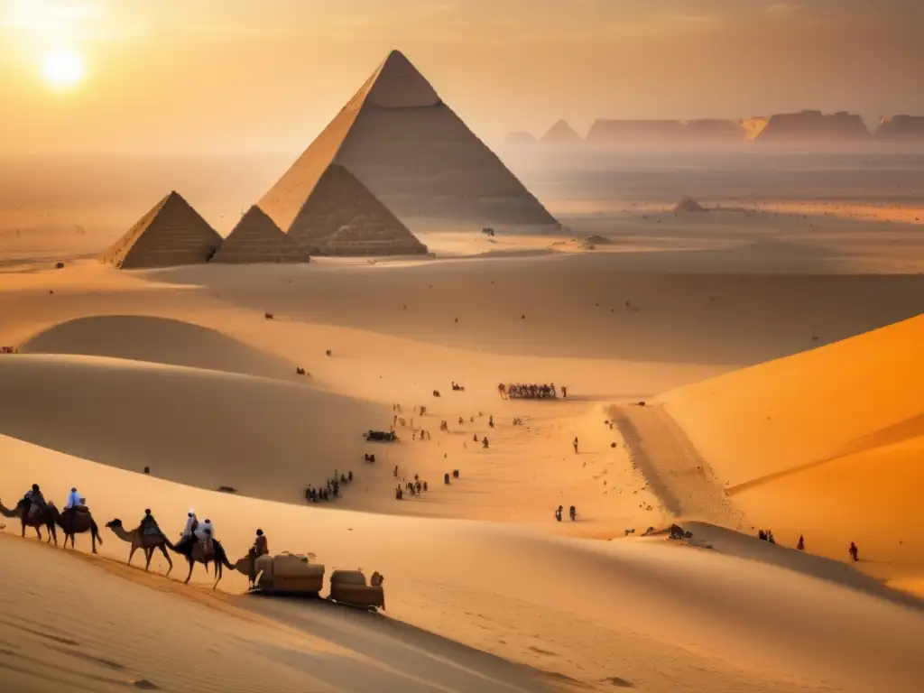 Descubrimiento de la tumba del faraón Amenhotep III: un paisaje desértico con las majestuosas pirámides de Giza al fondo