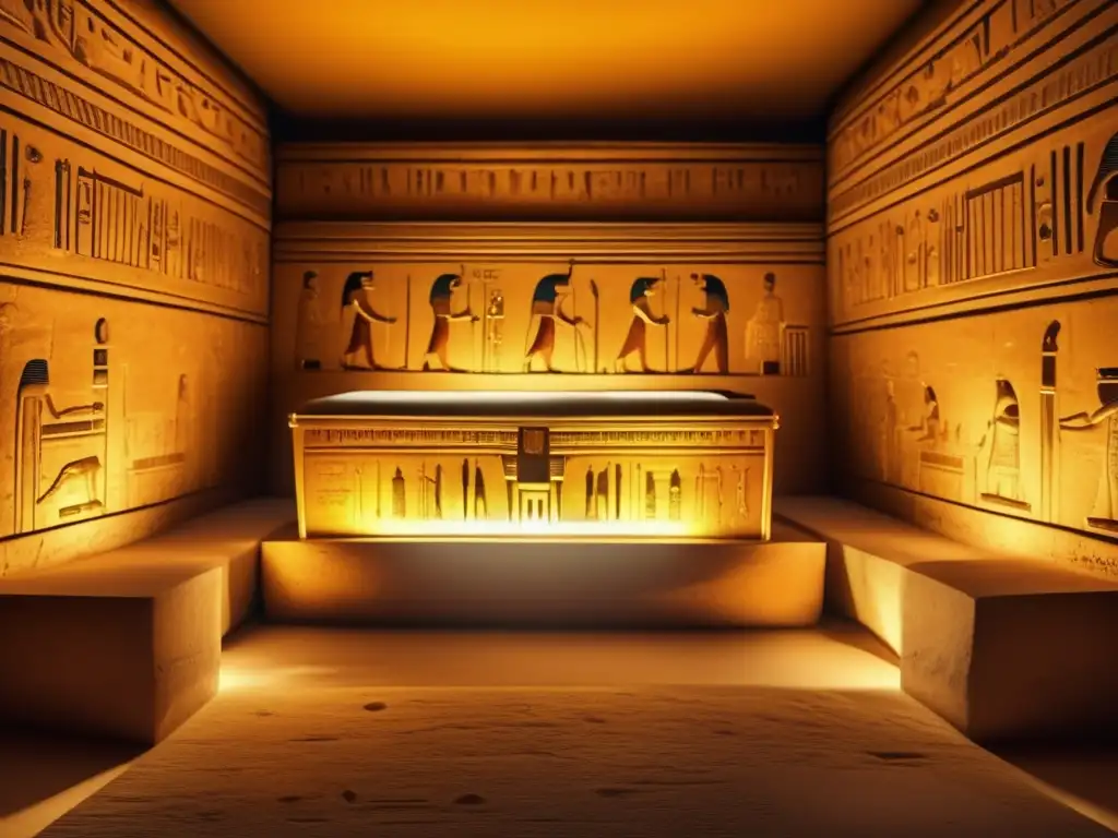 Descubrimiento de la tumba del faraón niño Tutankamón: una cámara funeraria antigua bañada en un cálido resplandor vintage