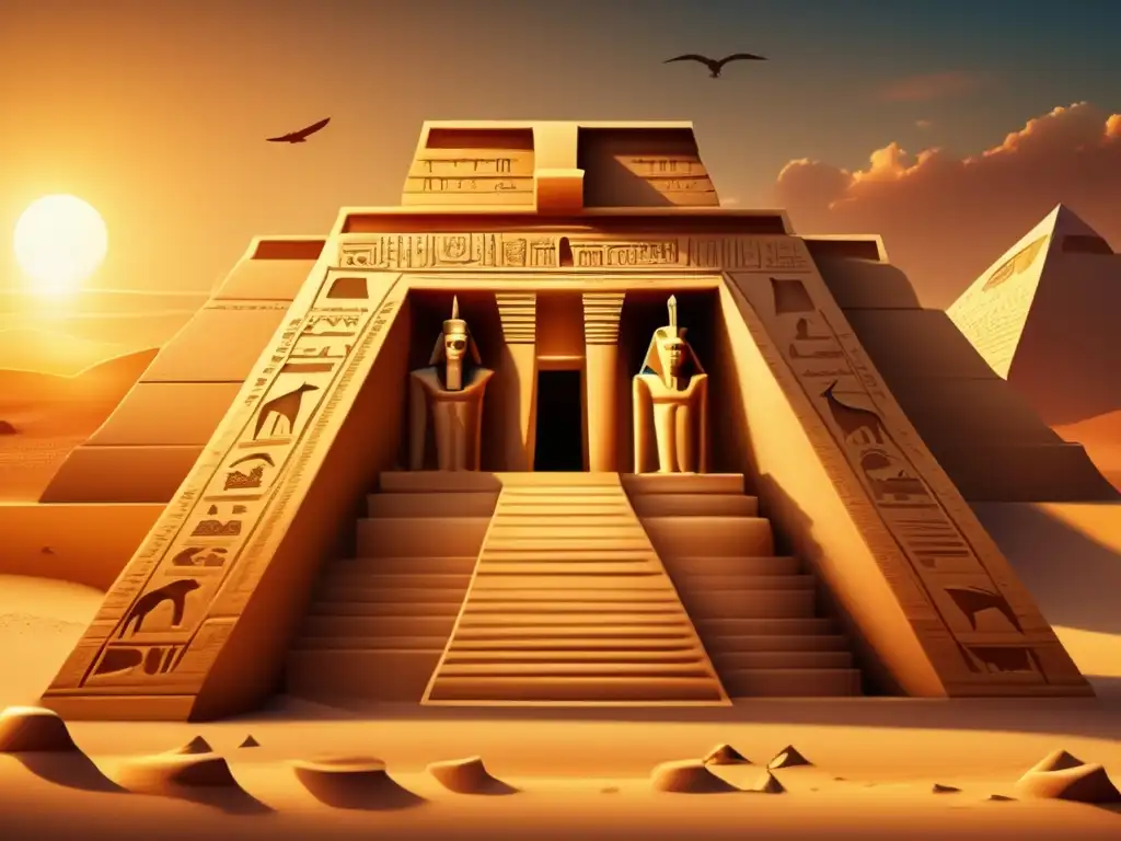 Descubrimientos con LIDAR en Egipto: Un antiguo complejo de templos egipcios, parcialmente enterrado bajo capas de arena, con el sol poniéndose al fondo