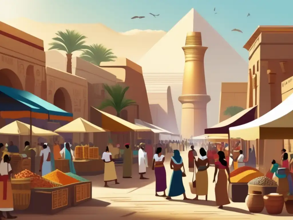 Descubrimientos arqueología economía Antiguo Egipto: Un bullicioso mercado en el antiguo Egipto, lleno de coloridos puestos y comerciantes animados