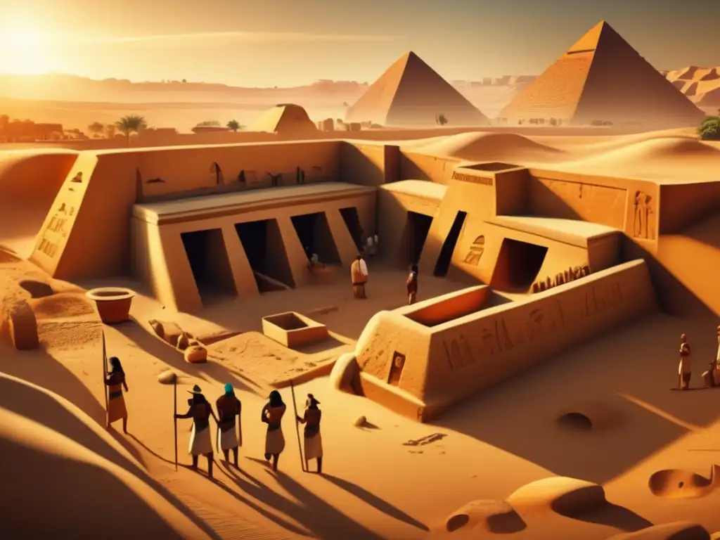 Descubrimientos arqueológicos en la antigua tumba egipcia, bañada en cálida luz dorada