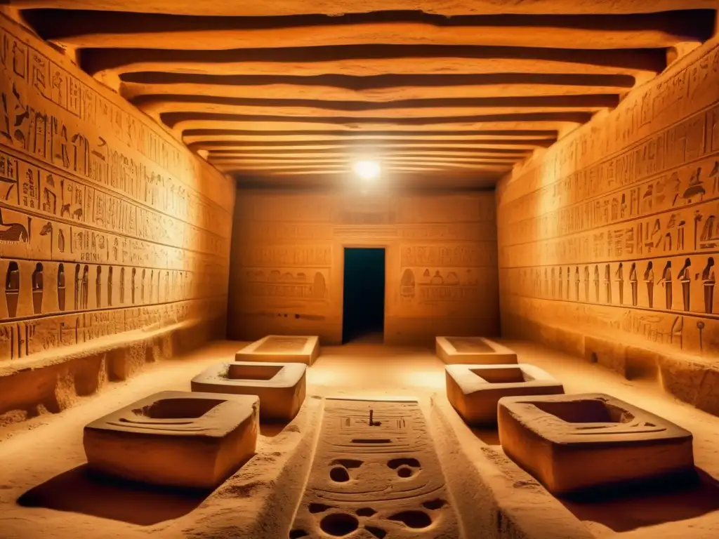 Descubrimientos arqueológicos en Saqqara: Cámara funeraria egipcia antigua con intrincadas tallas y jeroglíficos