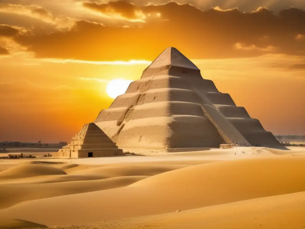 Descubrimientos arqueológicos en Saqqara: La icónica Pirámide de Djoser se alza majestuosa en el desierto, sus piedras desgastadas cuentan la historia del antiguo Egipto