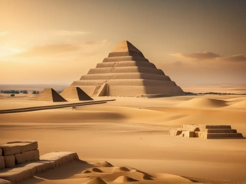 Descubrimientos arqueológicos en Saqqara: La antigua pirámide de Djoser emerge en un paisaje desértico, bañada por la cálida luz dorada