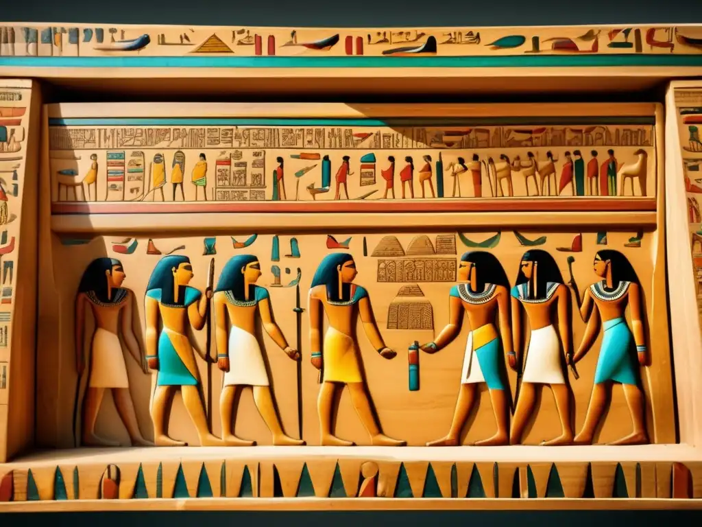 Descubrimientos arqueológicos en Saqqara: Un sarcófago de madera tallada en Saqqara, adornado con jeroglíficos y pinturas vibrantes que han resistido el paso del tiempo