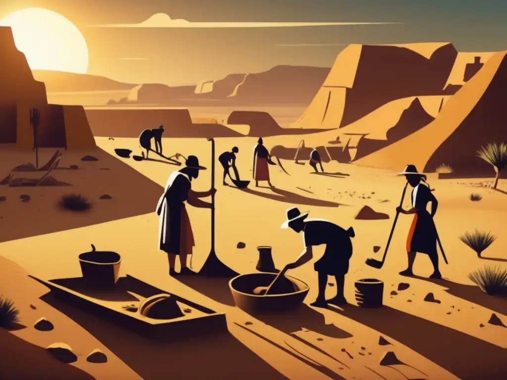 Descubrimientos y avances del periodo predinástico: Una imagen detallada y vintage que muestra un equipo de arqueólogos en un sitio de excavación