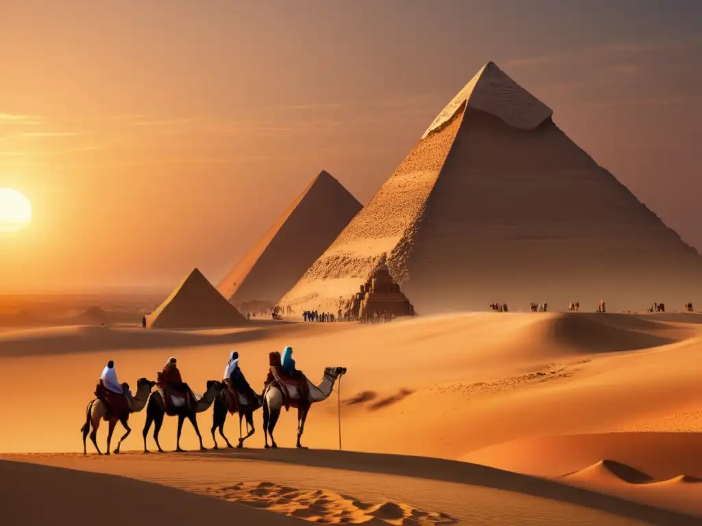 Descubrimientos con LIDAR en Egipto: Las majestuosas pirámides de Giza emergen de las arenas doradas mientras el sol se pone en el horizonte, creando un resplandor cálido y etéreo